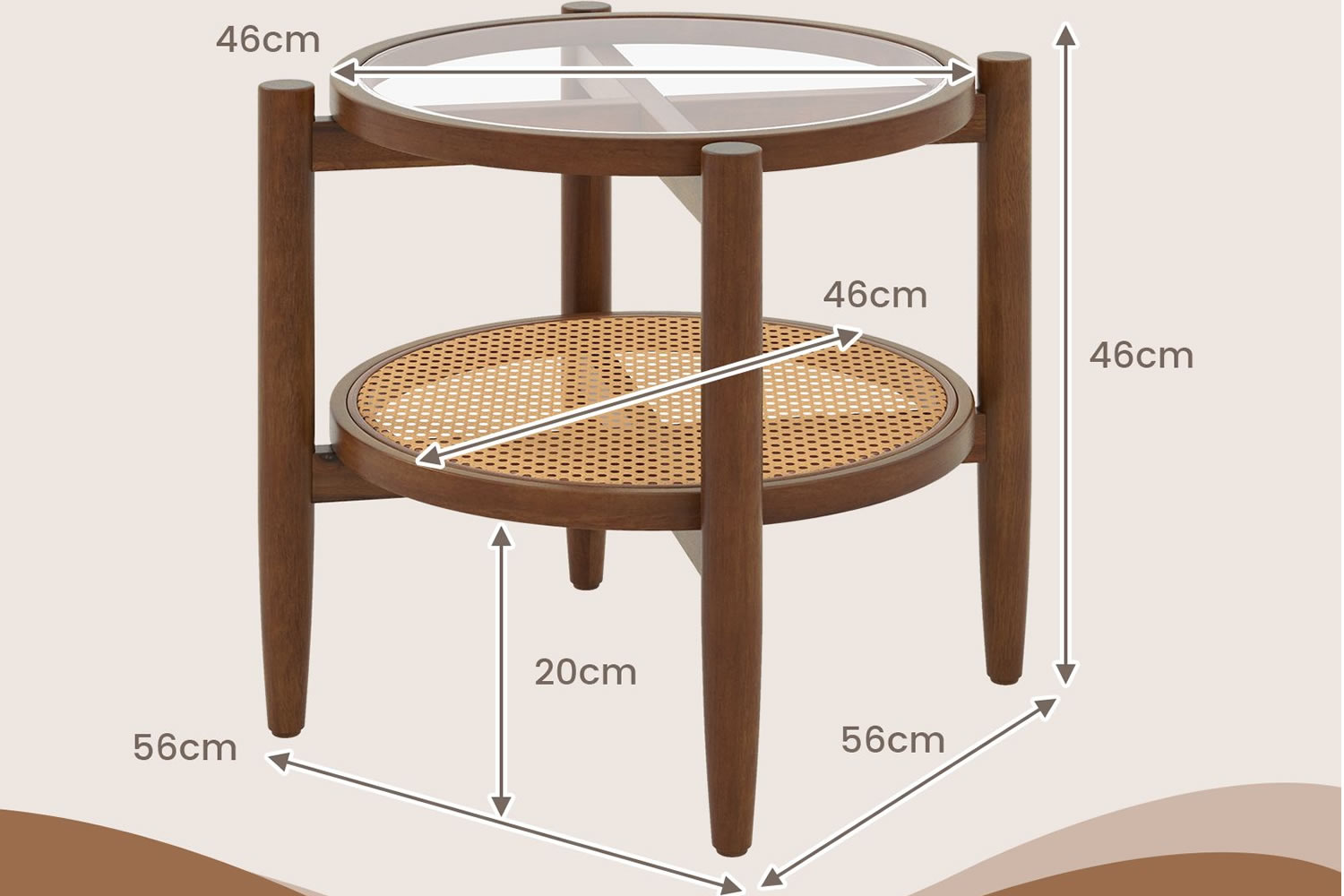 Globe Round Wooden Side Table With Glass Top & Rattan Shelf