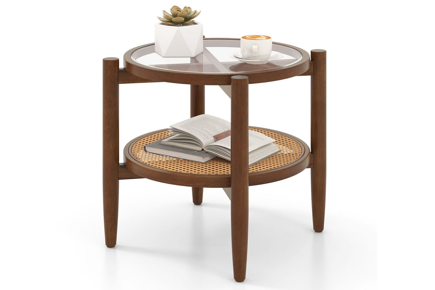 Globe Round Wooden Side Table With Glass Top & Rattan Shelf