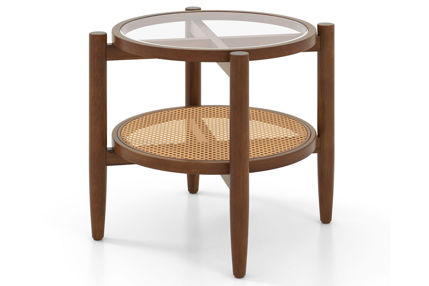 Globe Round Wooden Side Table With Glass Top & Rattan Shelf