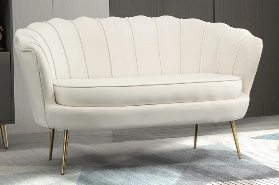 Cleburne Cream Velvet 2-Seater Sofa With Shell-Shape Backrest