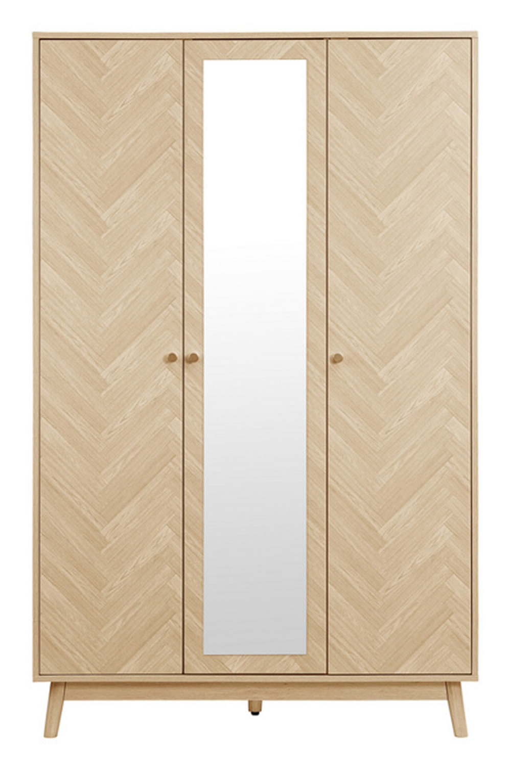 View Herringford 3 Door Wardrobe Mirror OakEffect Finish Herringbone Doors Hanging Rail Shelf 3 Storage Shelves Round Handles Solid Feet information