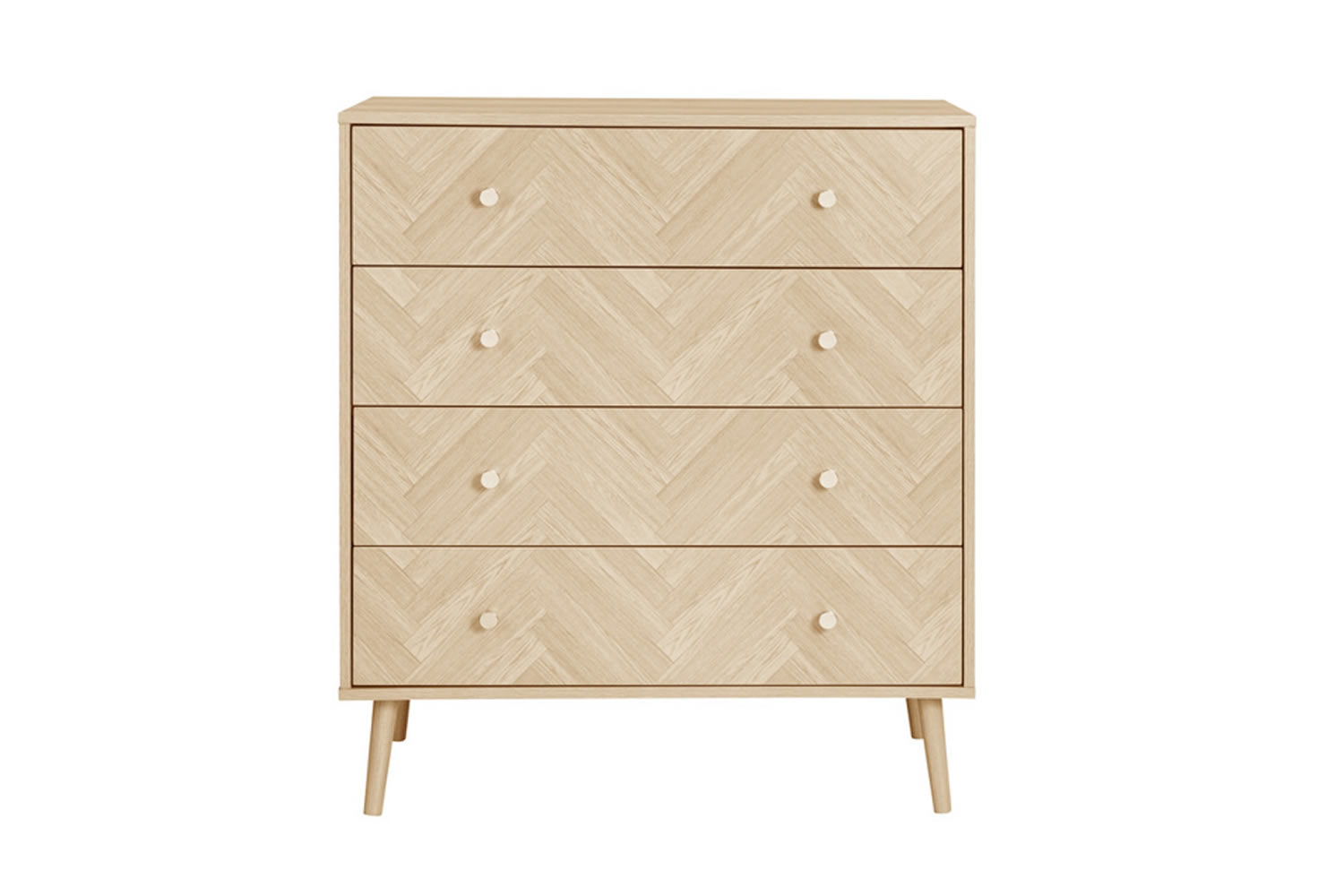 View Herringford Chest OakEffect Finish Herringbone Pattern 4 SmoothGlide Drawers Chic Round Handles Angled Wooden Legs Assembly Required information
