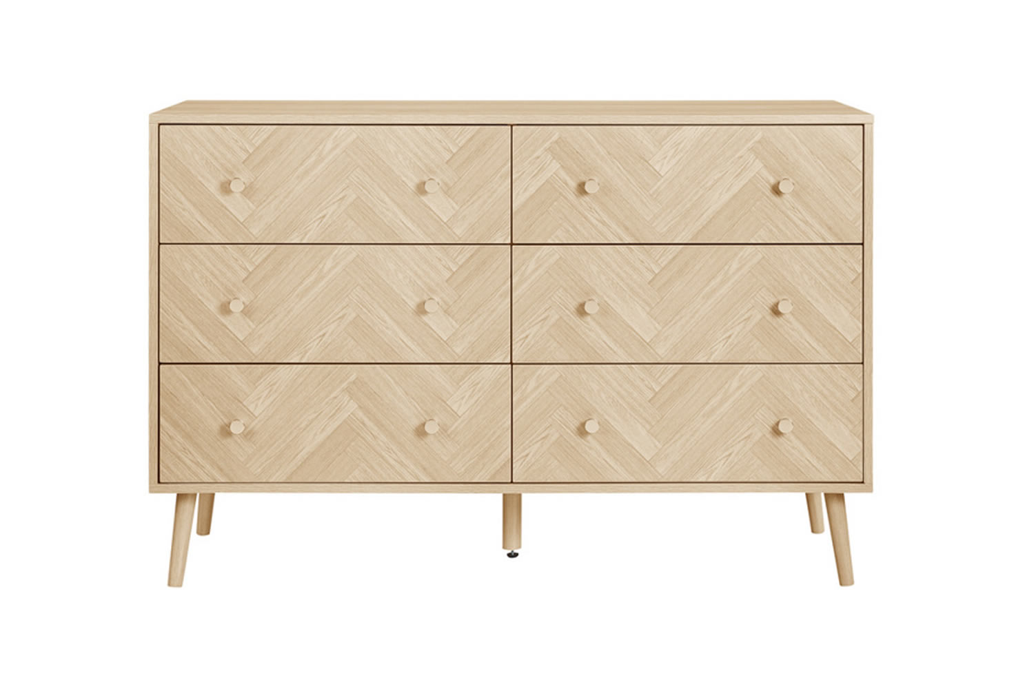 View Herringford Wide Chest OakEffect Finish Herringbone Design Six Gliding Drawers Chic Round Handles Angled Wooden Legs Simple Assembly information