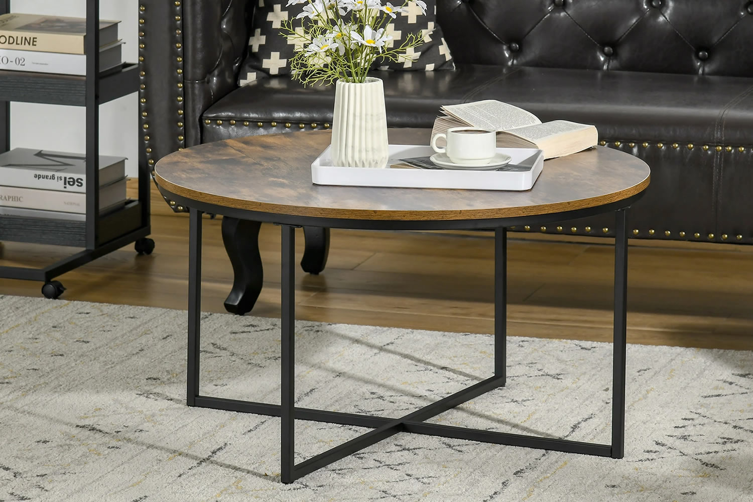 View Montana Round Wooden Coffee Table Rustic Brown Waterproof WoodEffect Finish Black XShape Metal Frame Adjustable Foot Pads 30kg Weight Rating information