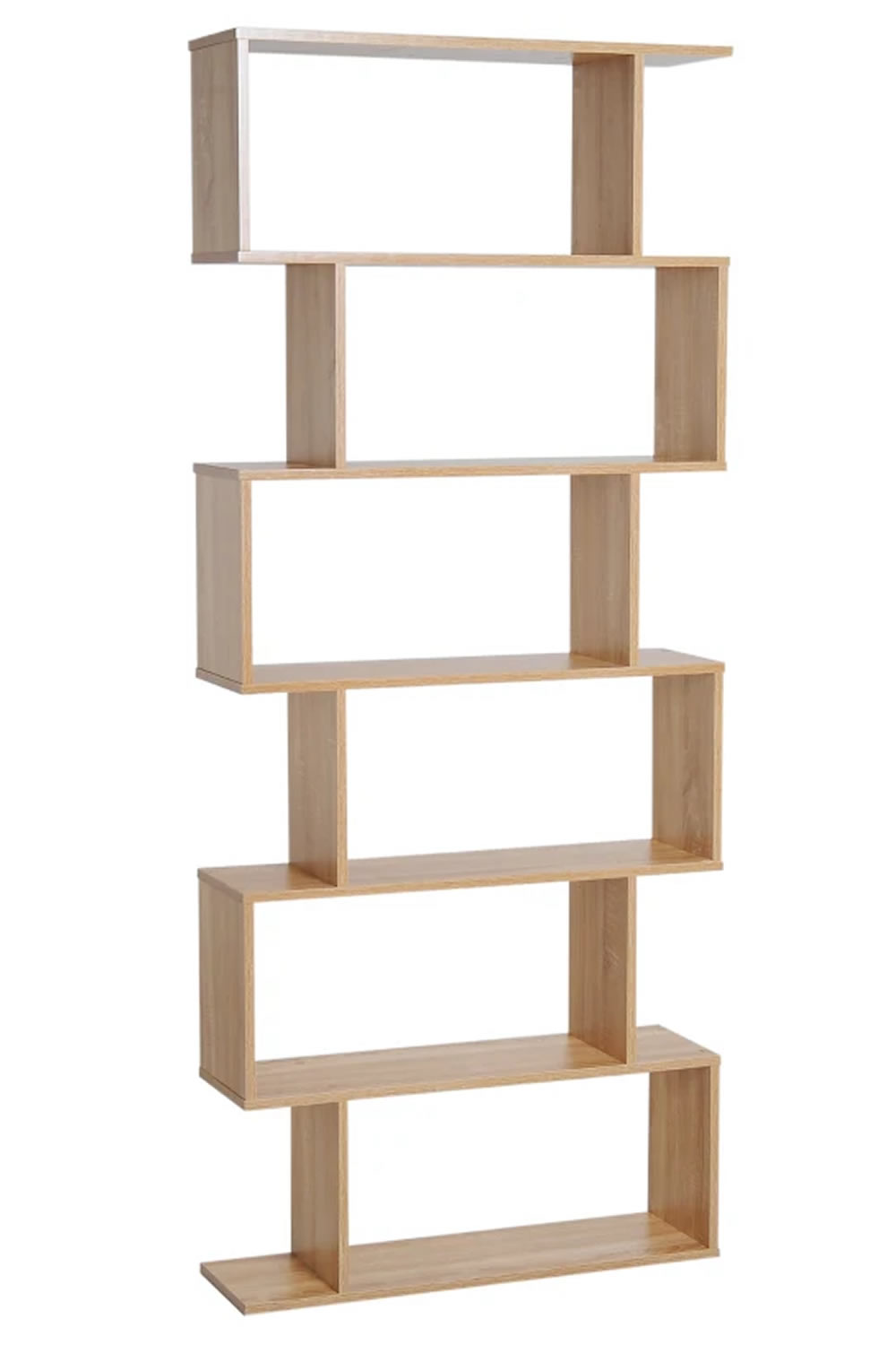View Sharon 6Tier SShaped Oak Wooden Bookcase With Open Storage Shelves Safety AntiTip Mechanism EasyToClean Straightforward Assembly information