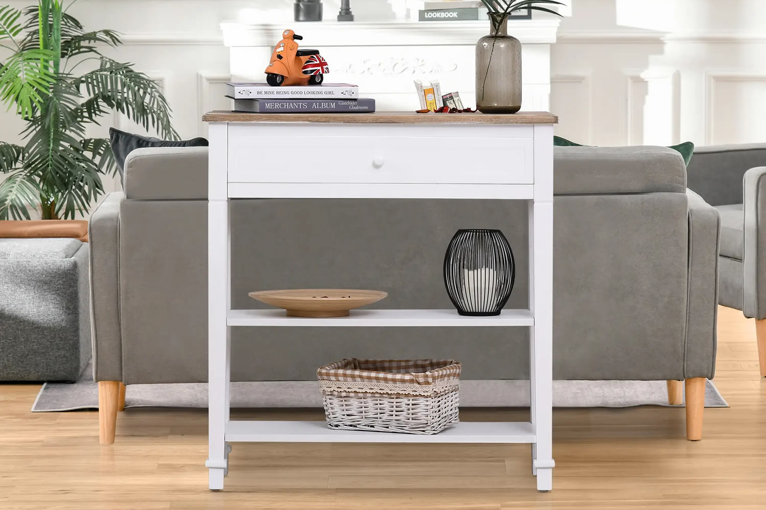 View Nashville White Wooden Console Table With Storage Pine Tabletop Large Storage Drawer Two Open Storage Shelves Legs With Protective Foot Pads information
