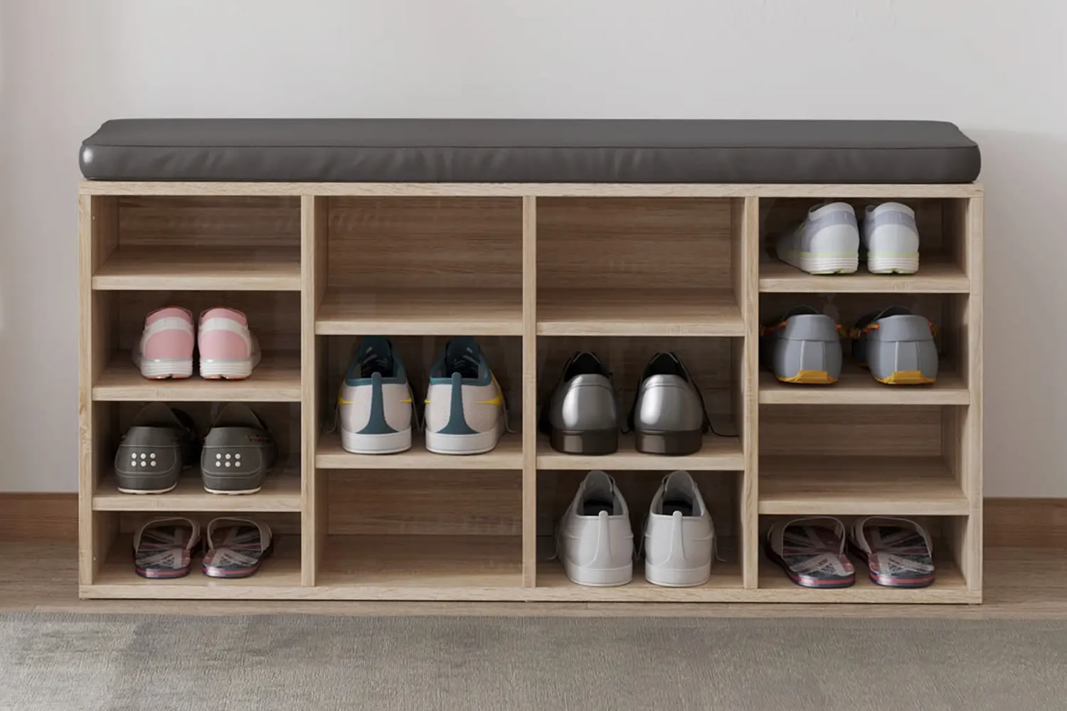 View Raton Natural Wooden Shoe Storage Unit 2In1 Design 14 Open Shelves With Adjustable Shelves Padded Seat Protective Foot Pads Easy To Clean information