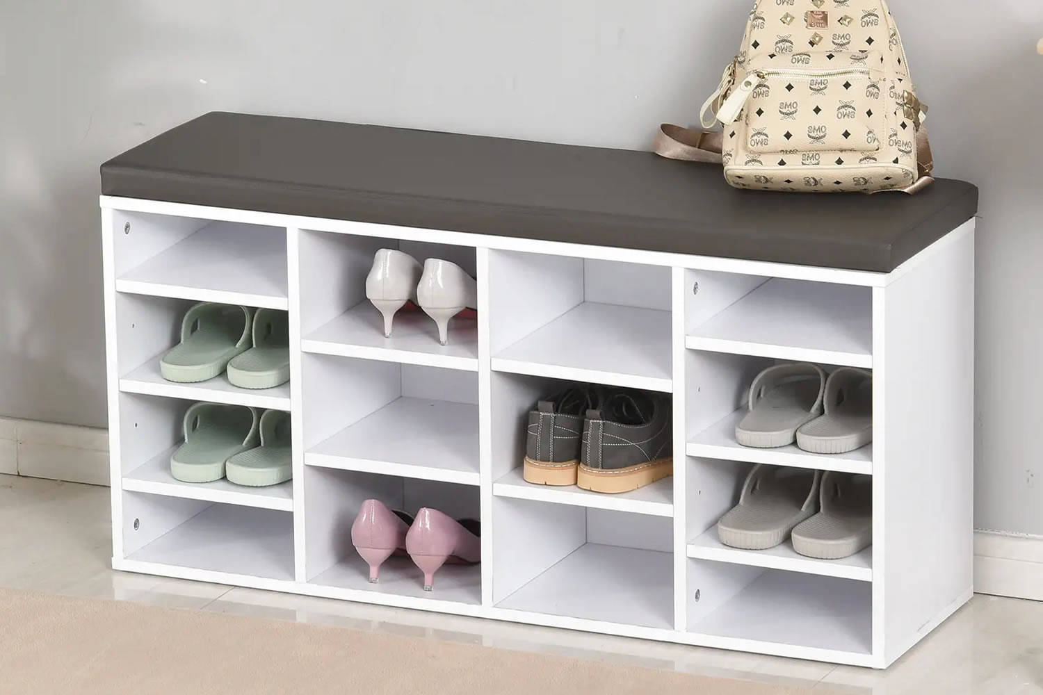 View Raton White Wooden Shoe Storage Unit 2In1 Design 14 Open Shelves With Adjustable Shelves Padded Seat Protective Foot Pads Easy To Clean information