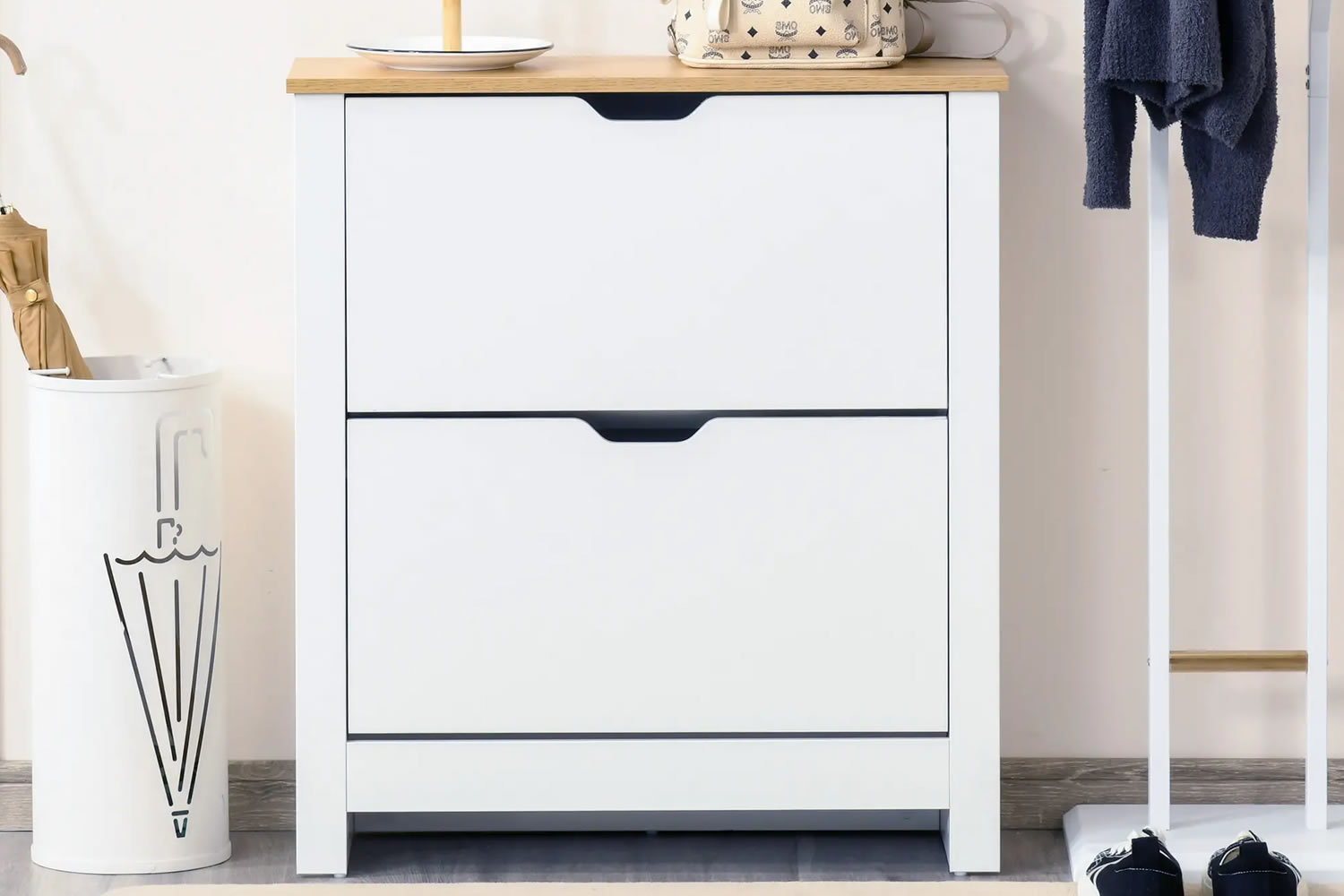 View Warren White Wooden Shoe Storage Large Top Surface 2 TiltOut Drawers UShaped Handle AntiToppling Device Anti Slip Pads Easy To Clean information