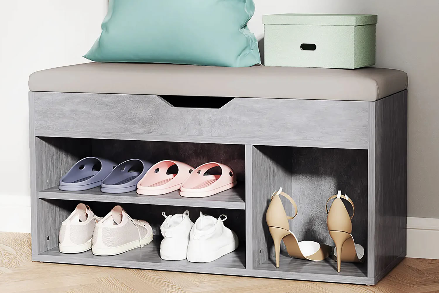 View Easton Grey Wooden Shoe Storage Unit 2In1 Design Padded Ottoman Top With Concealed Storage 3 Shelf Compartments Cut Out Groove Handle information