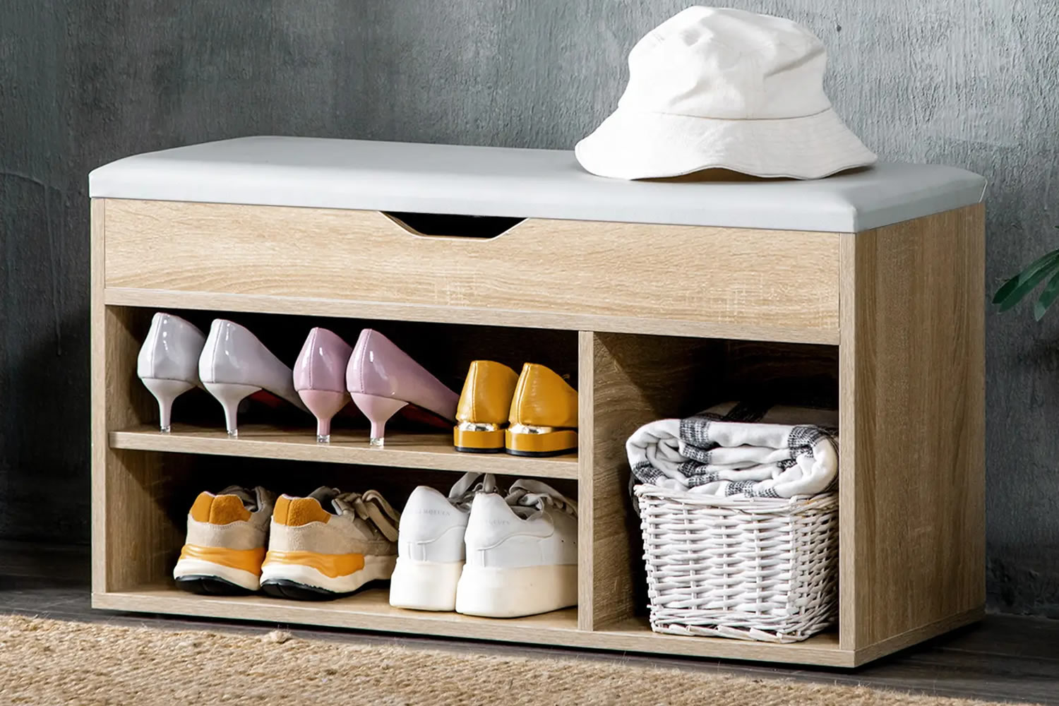 View Easton Oak Wooden Shoe Storage Unit 2In1 Design Padded Ottoman Top With Concealed Storage 3 Shelf Compartments Cut Out Groove Handle information