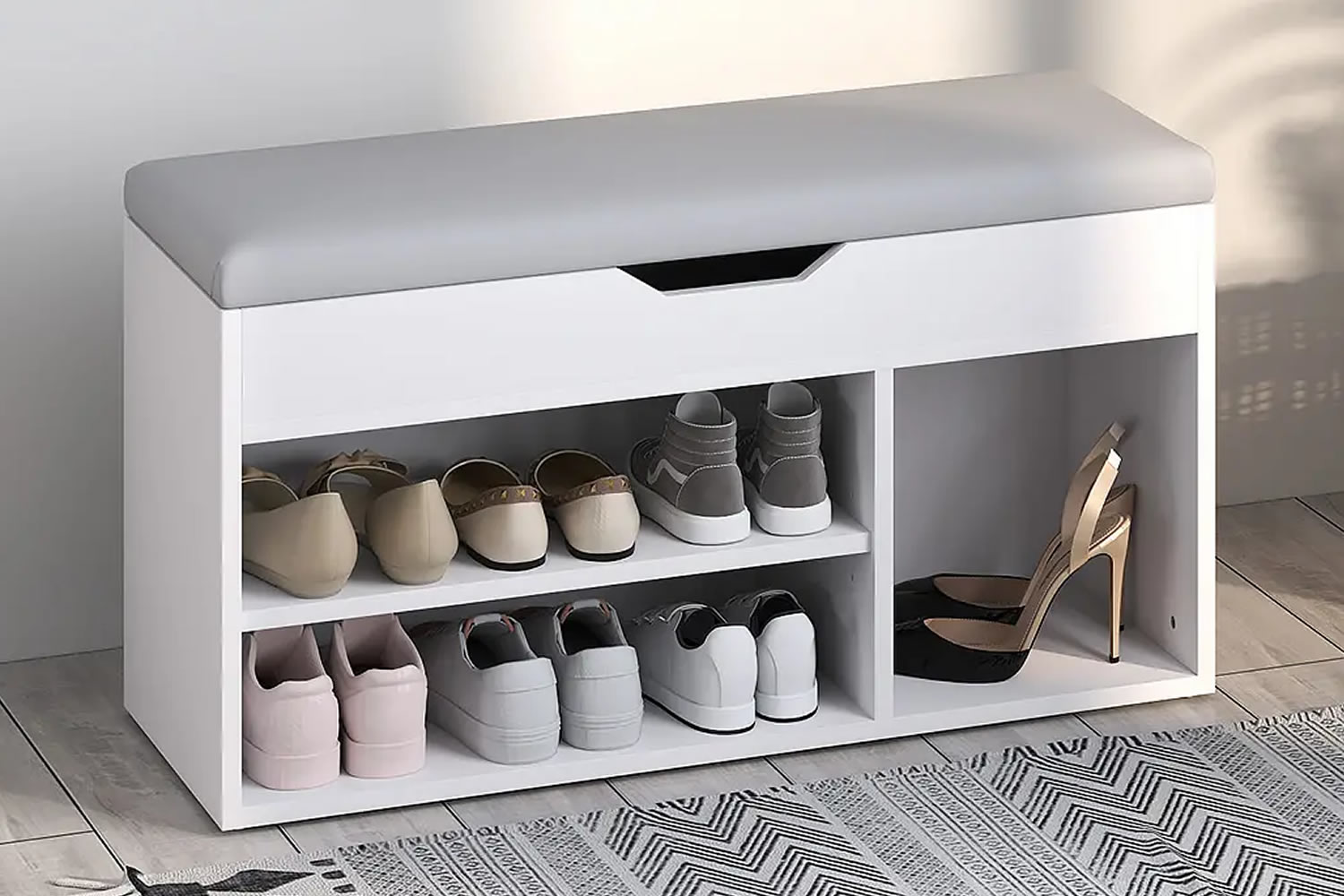 View Easton Cream Wooden Shoe Storage Unit 2In1 Design Padded Ottoman Top With Concealed Storage 3 Shelf Compartments Cut Out Groove Handle information