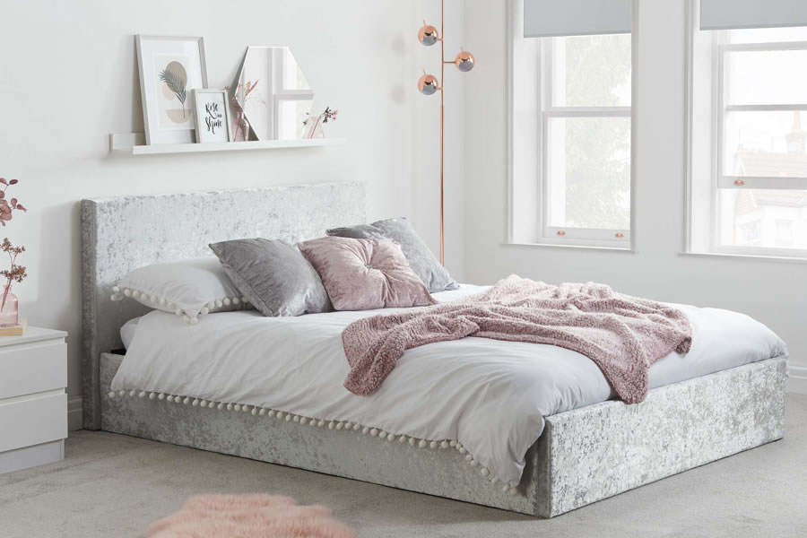 View 40 120cm Double Steel Grey Velvet Modern Ottoman Box Bed Frame Tall Headboard Rectangular Headboard Deep Storage Bed Frame Berlin Birlea information