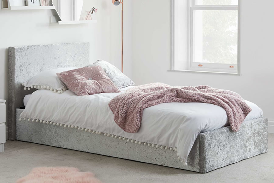 View 30 90cm Single Steel Grey Velvet Modern Ottoman Box Bed Frame Tall Headboard Rectangular Headboard Deep Storage Bed Frame Berlin Birlea information