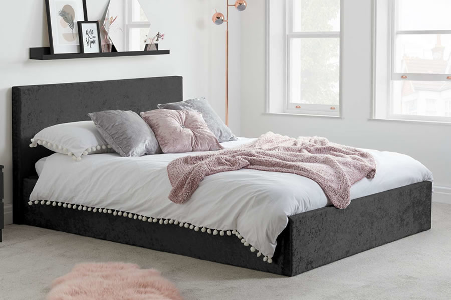 View 40 120cm Double Black Velvet Modern Ottoman Box Bed Frame Tall Headboard Rectangular Headboard Deep Storage Bed Frame Berlin Birlea information