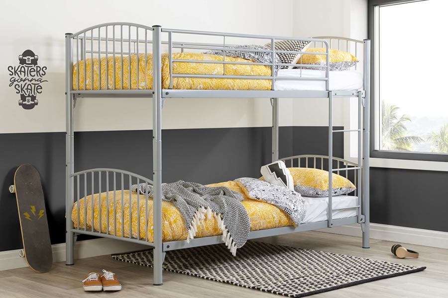 View Corfu 30 Single Silver Metal Bunk Bed Separates Into Two Single Beds Strong Mesh Base Slick Metallic Finish information