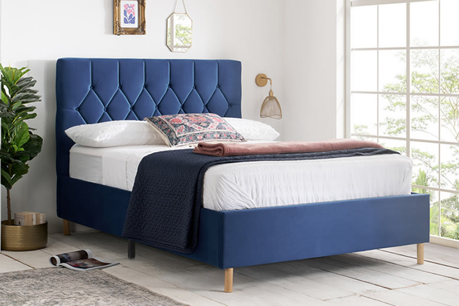 View Blue King Size Fabric Bed Frame Padded Headboard Loxley information