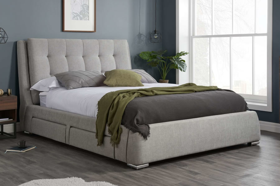 View King Size 50 Grey Fabric Upholstered 4 Drawer Storage Bed Frame Low Base Deeply Padded Headboard Mayfair information
