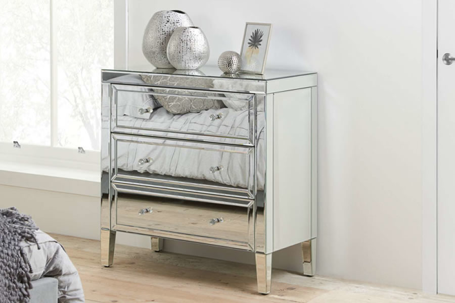 View Mirrored Chest Of Drawers 3 Wide Bedroom Drawers Crystal Effect Handles Bevelled Edges Valencia Range information