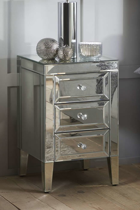 View Mirrored 3 Drawer Bedside Crystal Handles Valencia information