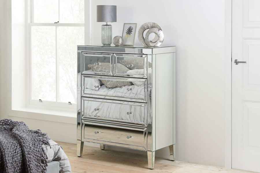 View Modern Mirrored 3 2 Chest Of Drawers Drawer Bedroom Chest Glasee Crystal Pull Handles Bevelled Mirror Surfaces Valencia Bedroom Range information