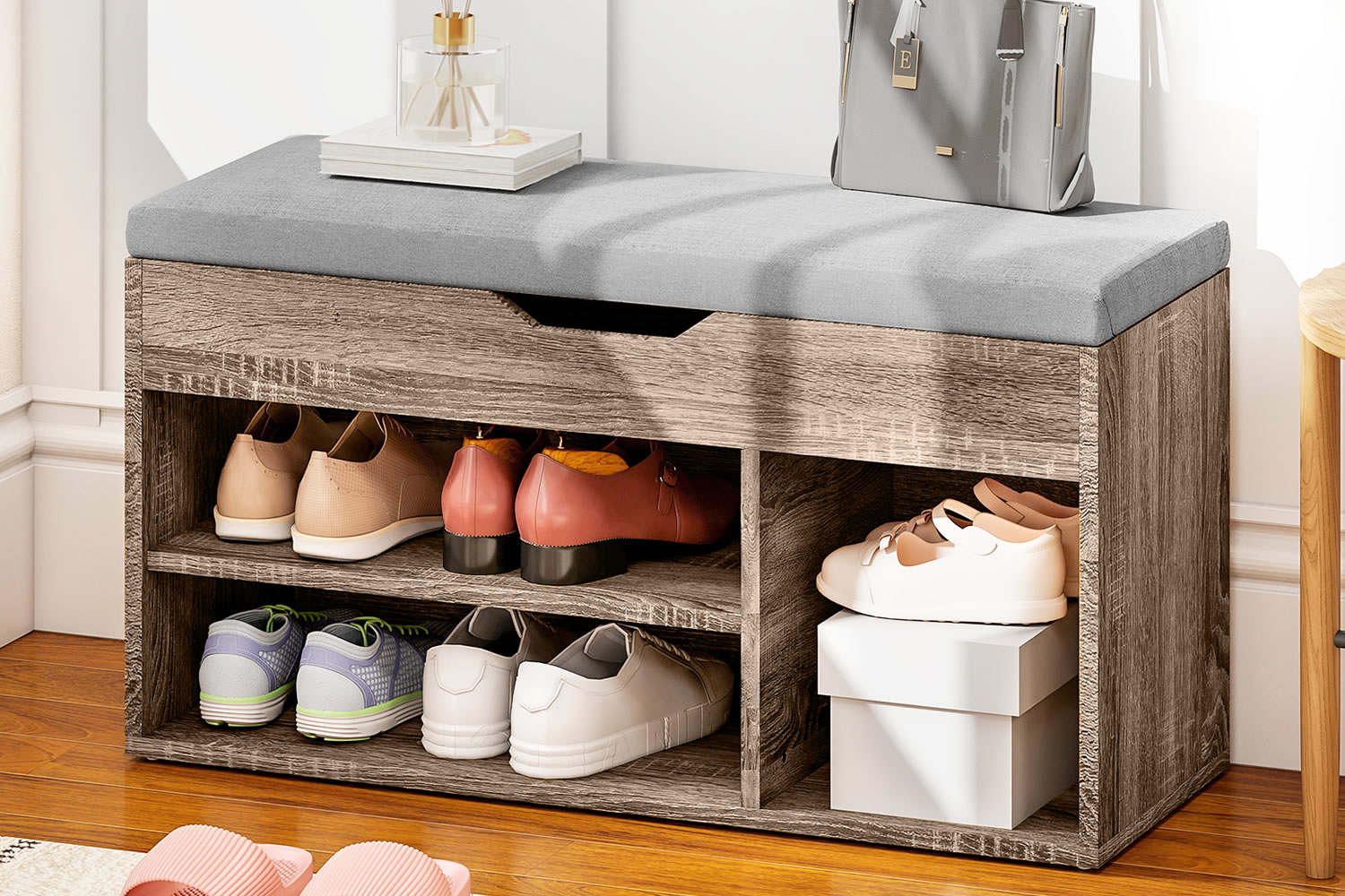 View Easton Grey Wooden Shoe Storage Unit 2In1 Design Padded Ottoman Top With Concealed Storage 3 Shelf Compartments Cut Out Groove Handle information