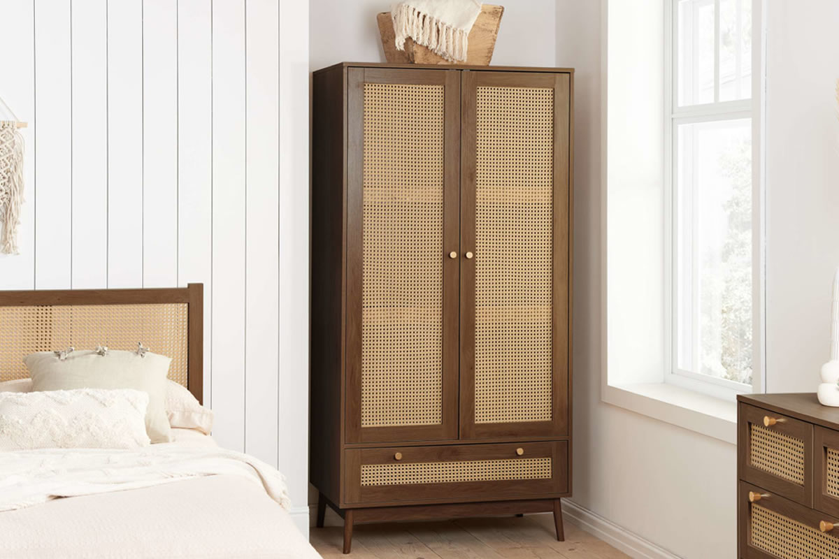 View Walnut Rattan 2 Door Wardrobe 1 Storage Drawer Brown Sides Full Hanging Wardrobe Space Easy Glide Drawer Inset Rattan Door Panels Croxley information