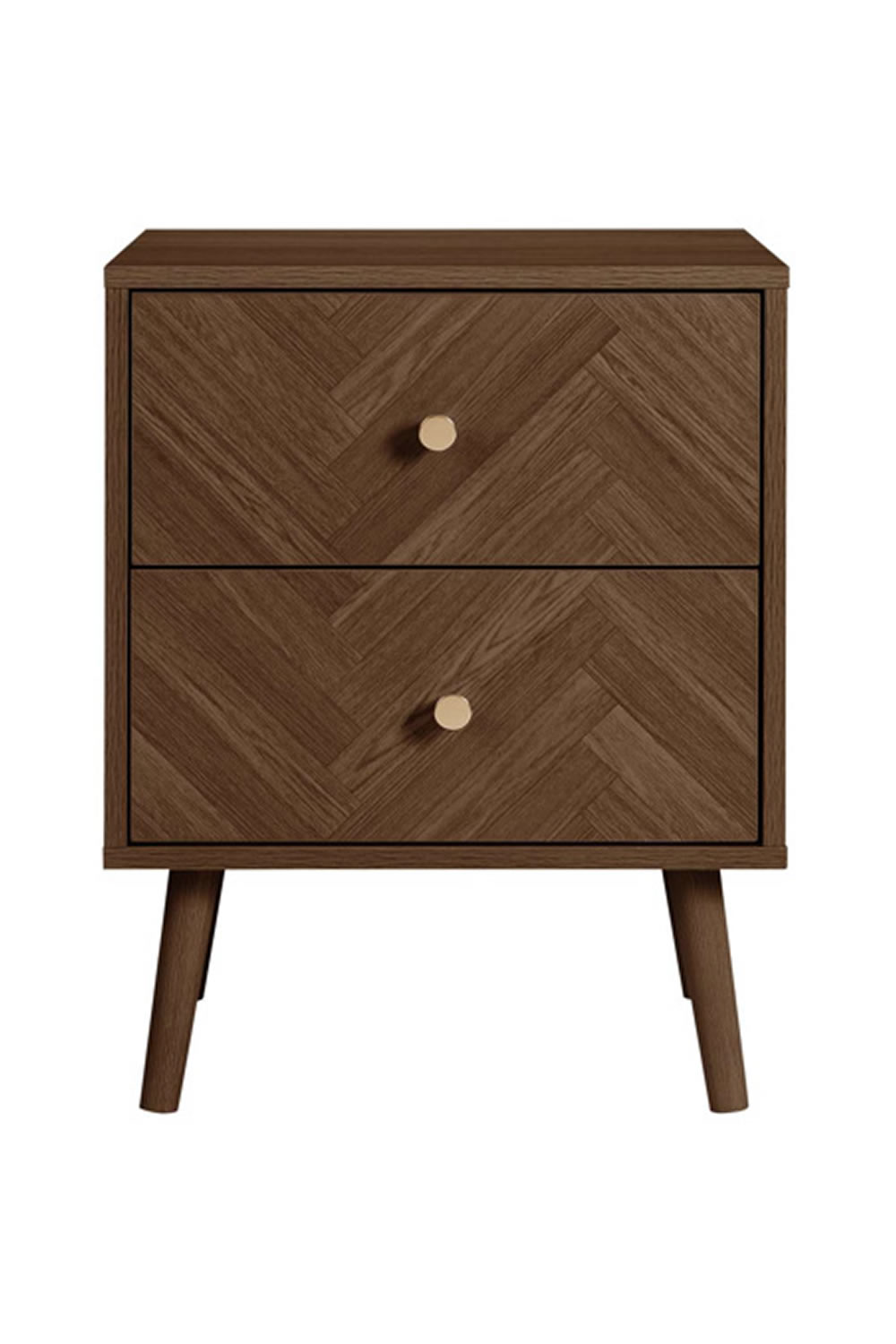 View Herringford Walnut 2 Drawer Bedside Robust Build Herringbone Pattern Practical Surface Top Circular Drawer Handles Angled Wooden Legs information