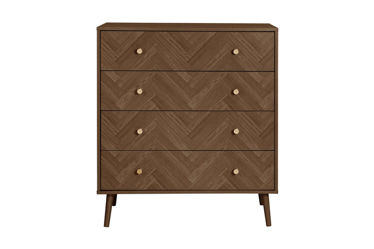 View Herringford Chest WalnutEffect Finish Herringbone Pattern 4 SmoothGlide Drawers Chic Round Handles Angled Wooden Legs Assembly Required information