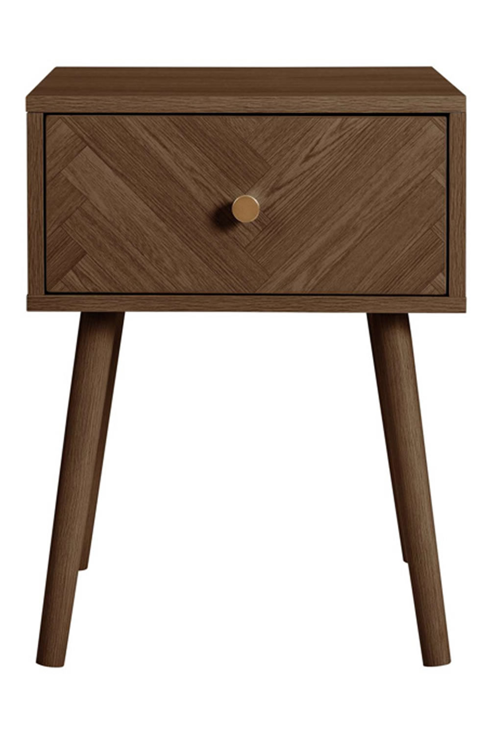 View Herringford Walnut 1 Drawer Bedside Robust Build Herringbone Pattern Practical Surface Top Chic Drawer Knobs Angled Wooden Legs Easy Asse information
