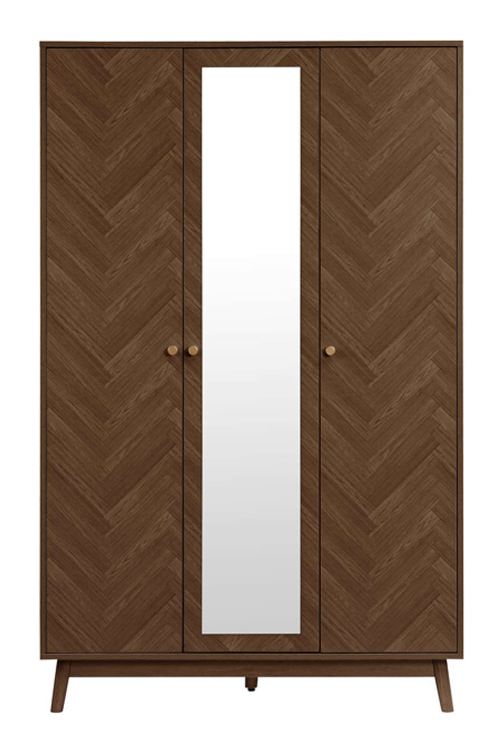 View Herringford 3 Door Wardrobe Mirror WalnutEffect Finish Herringbone Doors Hanging Rail Shelf 3 Storage Shelves Round Handles Solid Fee information