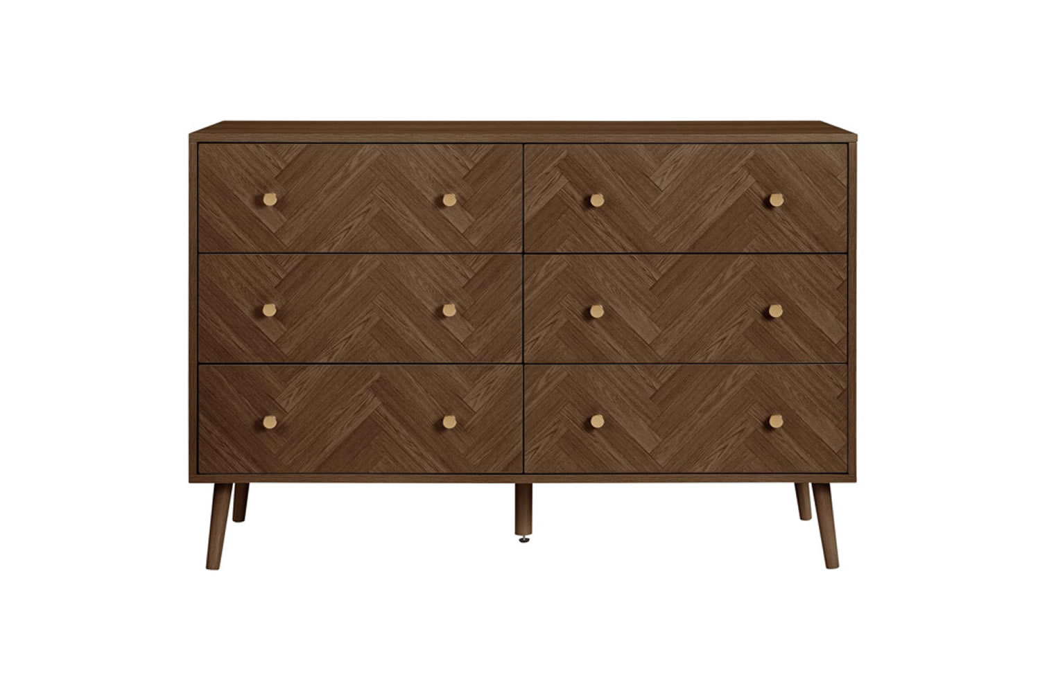 View Herringford Wide Chest WalnutEffect Finish Herringbone Design Six Gliding Drawers Chic Round Handles Angled Wooden Legs Simple Assembly information