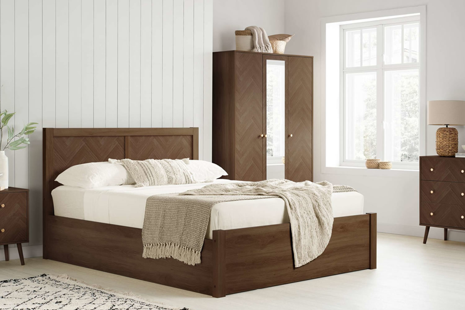 View Herringford Wood Ottoman Bed Frame WalnutEffect Finish Herringbone Headboard Sprung Slatted Base Ottoman Storage Sturdy Frame Easy Assemb information