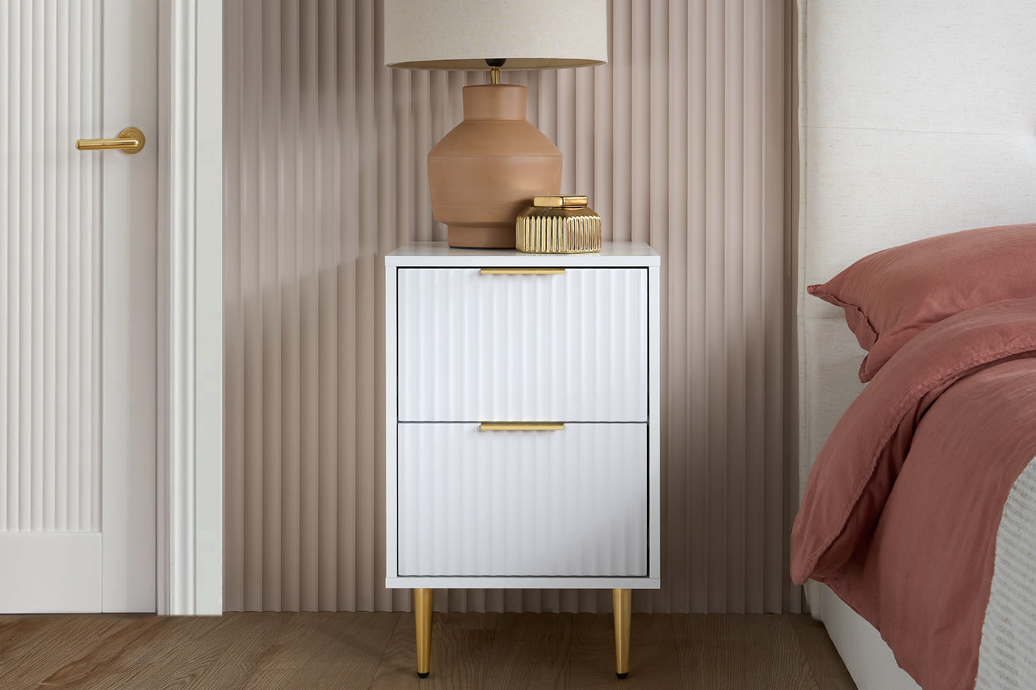 View The ribbed Zara white 2 drawer bedside chest is an elegant storage solution that brings both style and order to your bedroom Featuring clean lines r information