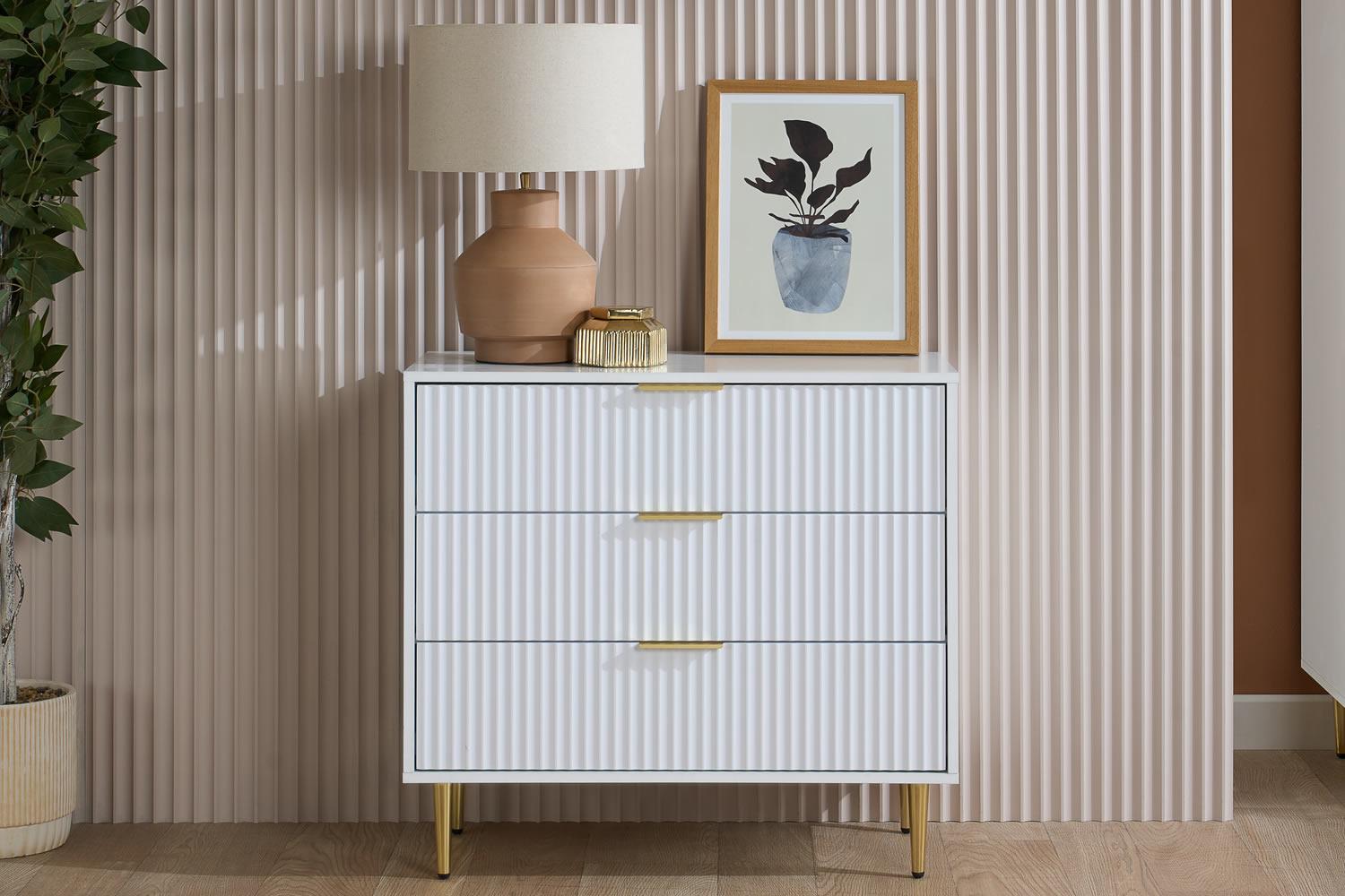 View The white ribbed Zara 3 drawer chest is an elegant storage solution that brings both style and order to your bedroom Featuring clean lines ribbed de information