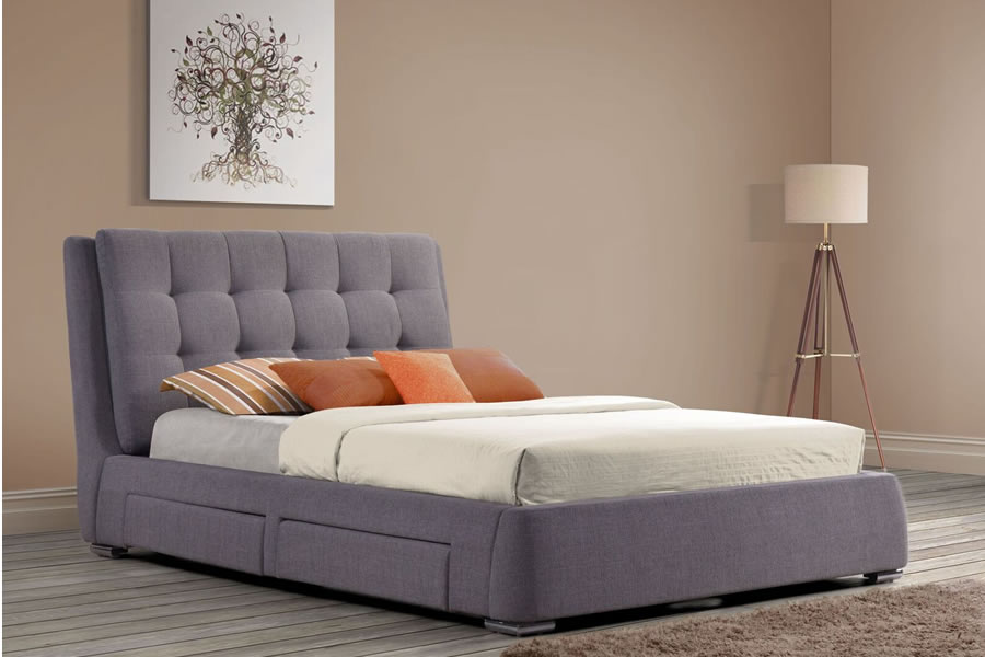 View King Size 50 Grey Fabric Upholstered 4 Drawer Storage Bed Frame Low Base Deeply Padded Headboard Mayfair information