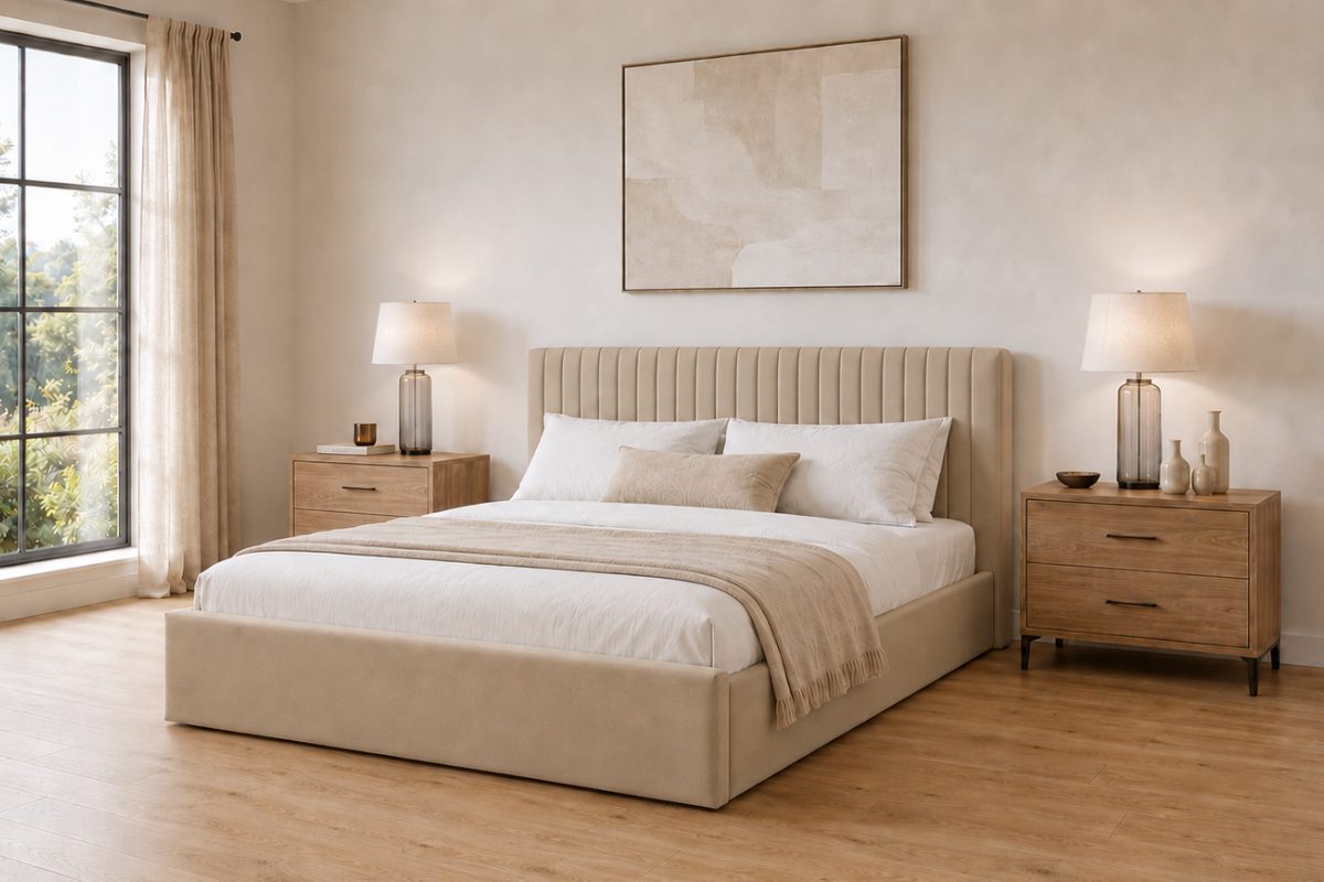 Fabric ottoman bed with a fluted headboard in a bedroom with neutral bedding