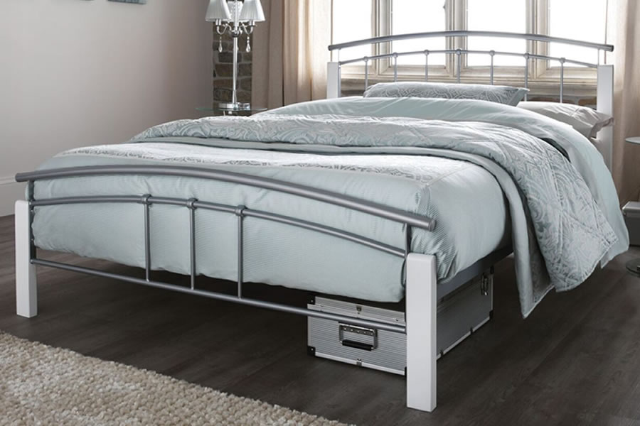 Silver Metal White Wood Posts Small Double Bed Frame Tetras