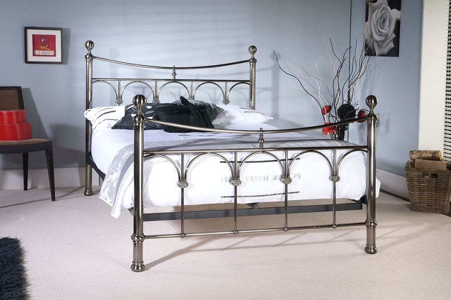 View Gamma Classic Antique Nickel Finish Metal Bed Frame Curved Head Rail Stylish Finials Arch Detailing Double or King Size information