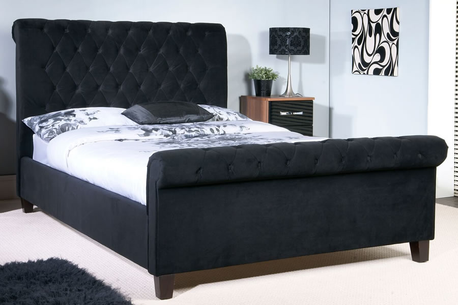 View 60 Super King Size Black Velvet Fabric Sleigh Bed Frame Tall Buttoned Detailed Headboard Medium Height Footboard Strong Slatted Base Orbit information
