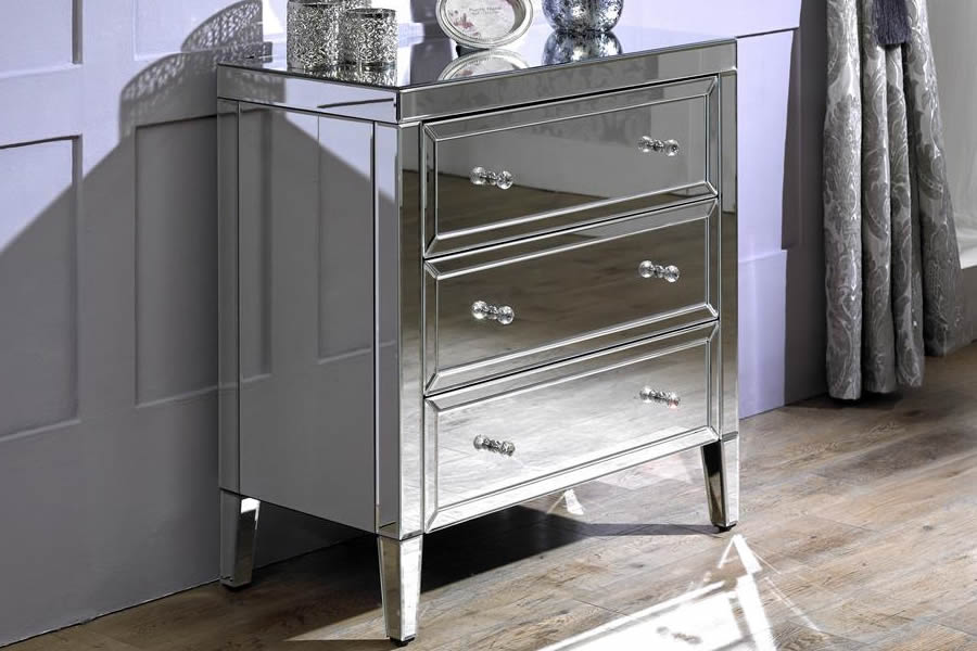 View Mirrored Chest Of Drawers 3 Wide Bedroom Drawers Crystal Effect Handles Bevelled Edges Valencia Range information