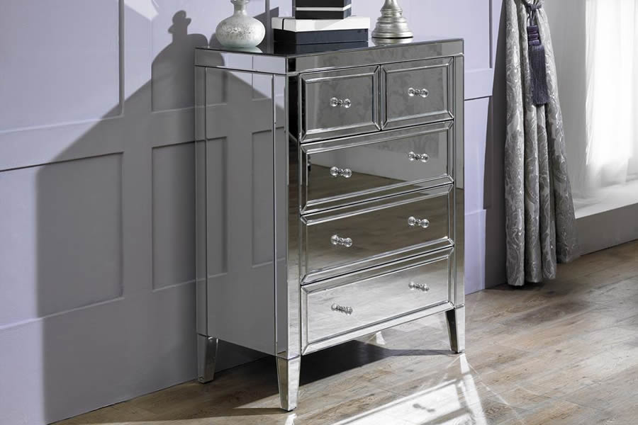 View Modern Mirrored 3 2 Chest Of Drawers Drawer Bedroom Chest Glasee Crystal Pull Handles Bevelled Mirror Surfaces Valencia Bedroom Range information