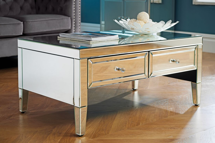 View Mirrored Coffee Table With 2 Storage Drawers Crystal Handles Valencia information