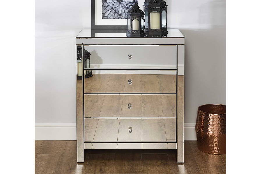 View Modern Mirrored 4 Drawer Wide Bedroom Storage Chest Of Drawers Mirrored Sides Top Drawers Crystal Pull Handles Seville Birlea information