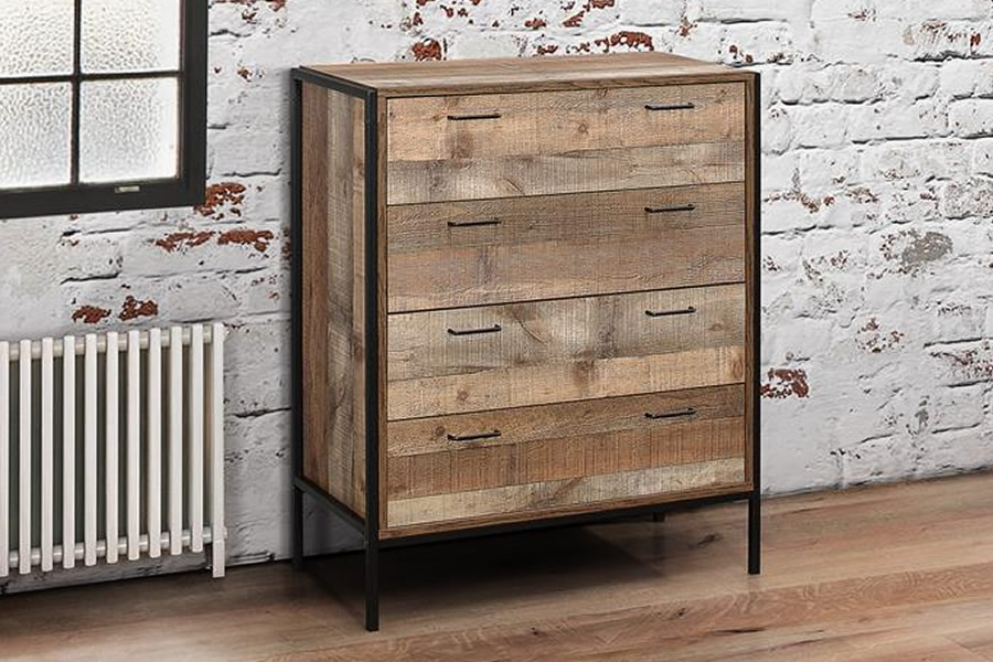 View Urban Industrial Style Four Drawer Chest Of Drawers Industrial Black Steel Frame Chic Finish Rustic Wood Finish Black Pull Handles Birlea information