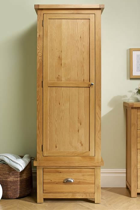 View Natural Solid Light Oak Rustic One Door One Storage Drawer Wardrobe FullLength Clothes Hanging Chrome Cup Handles Birlea Woburn information