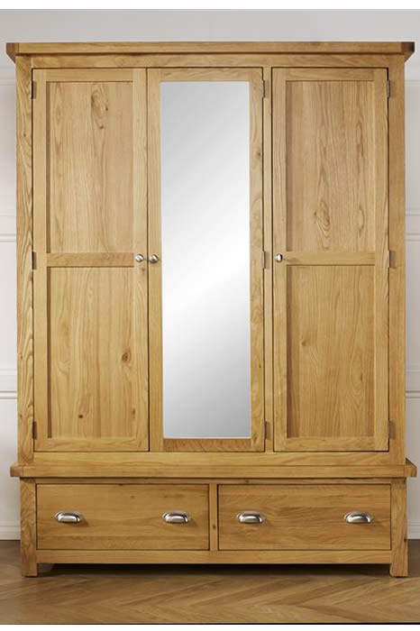 View Light Natural Oak Rustic Woburn Oak 3 Door 2 Storage Drawers Wardrobe Mirrored Centre Door Wardrobe Oak Panelled Doors Birlea Woburn information