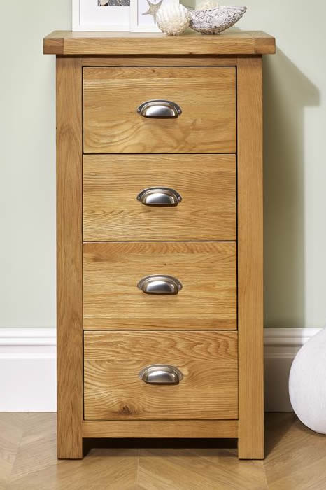 View Light Natural Oak Rustic 4 Drawer Narrow Storage Chest Of Drawers 4 Solid Oak Drawers Woburn Birlea Oak Chrome Cup Handles information