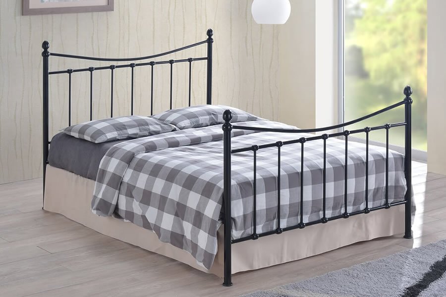 View 46 Double Size Black Metal Antique Style Metal Tubular Bed Frame Curved Slatted Head Footboard Steel Frame Robust Slatted Base Alderley information