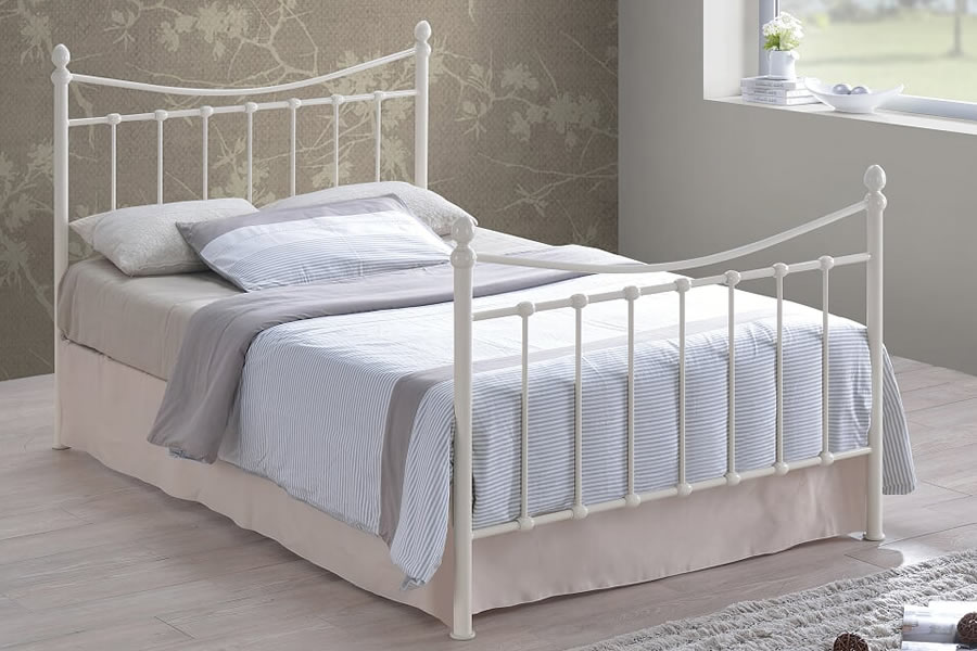 View 40 Small Double Size Ivory Metal Antique Style Metal Tubular Bed Frame Curved Head and footboard Steel Frame Robust Slatted Base Alderley information